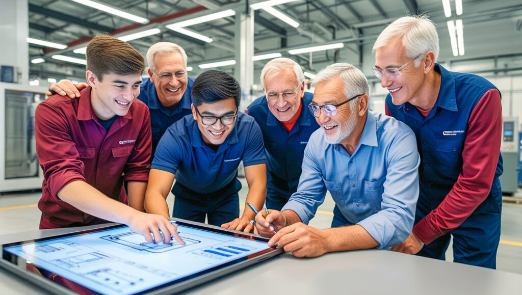 Wenn ältere und jüngere Beschäftigte in Tandem-Teams zusammenarbeiten, können sie gegenseitig ihre Kompetenzen stärken. Wie das funktionieren kann, zeigt das Generationen-Tandem beim kostenfreien Workshop am 12. Dezember 2024 im TurmQuartier Pforzheim. ©Foto:Leonardo/Composing:GerdLache